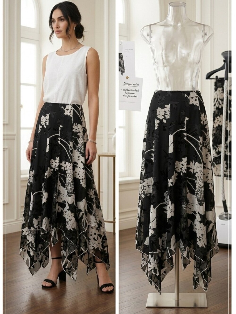 Joseph Ribkoff Silk/Rayon Black & White Whimsigoth Floral Maxi Skirt, Sz 12